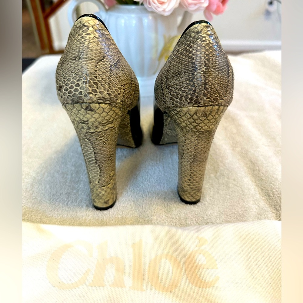 Chlo Black Parent Leather Pumps With Python Heels… - image 4